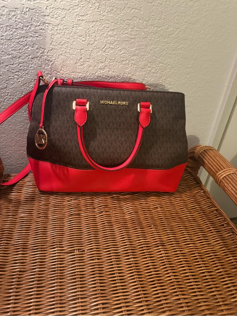 Michael Kors Brown & Red Signature Satchel with Gold Hardware